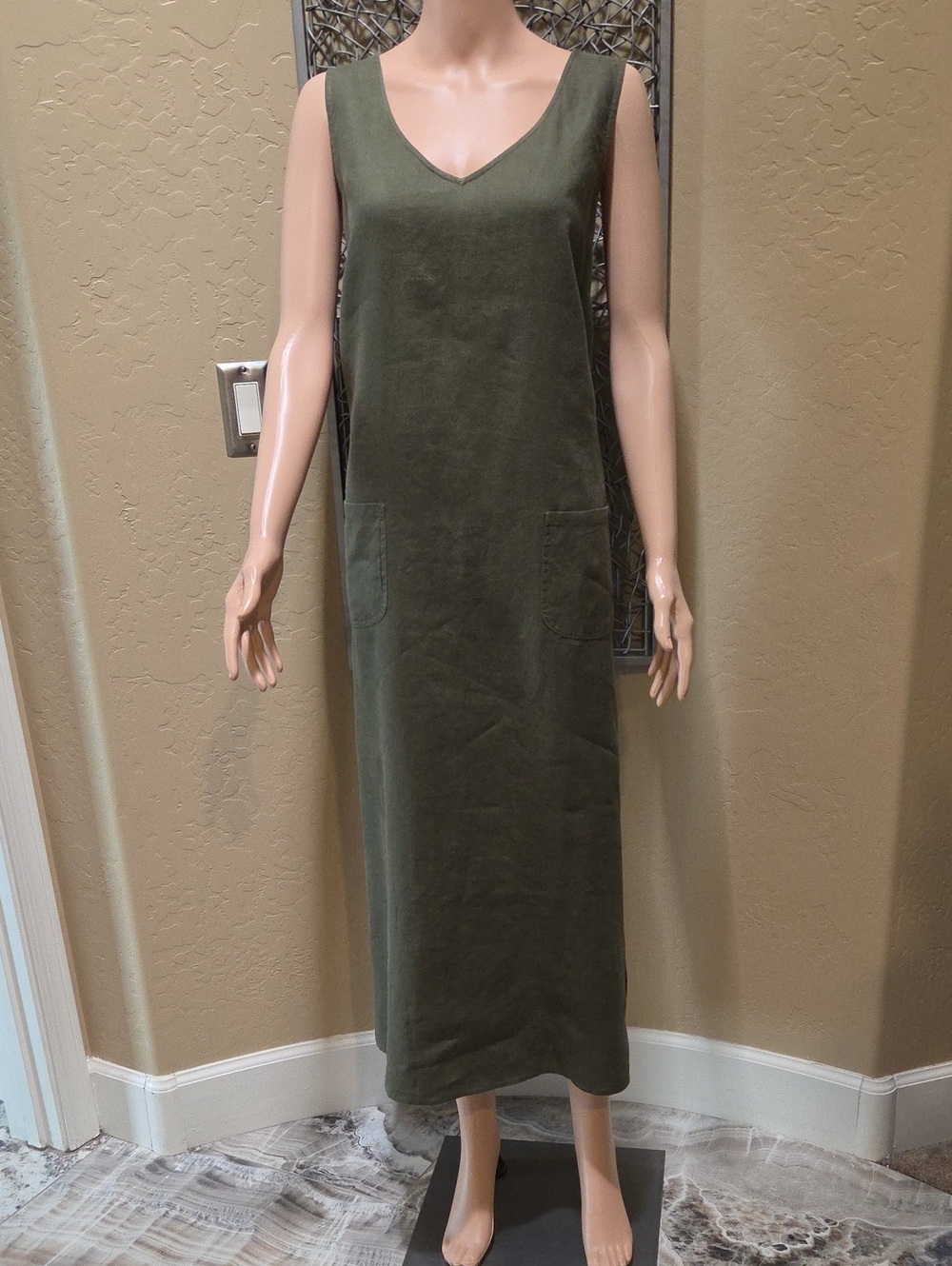 J. Jill Olive Sleeveless V-Neck Linen Midi Dress
